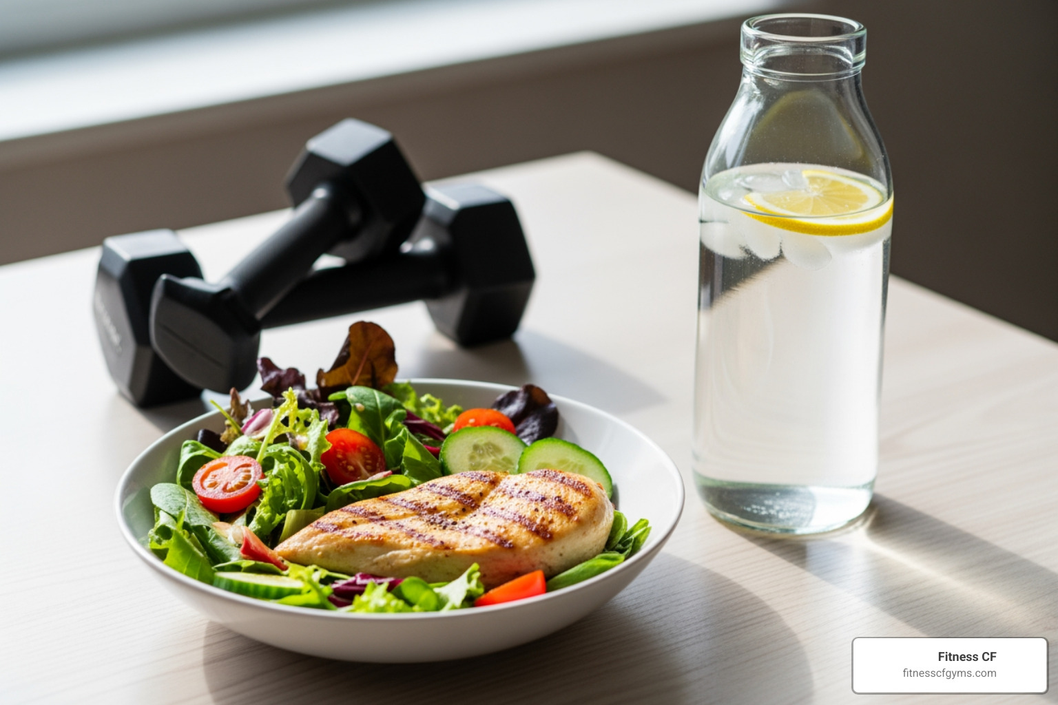healthy meal next to a water bottle and dumbbells - 30 day fitness plan healthy meal next to a water bottle and dumbbells - 30 day fitness plan
