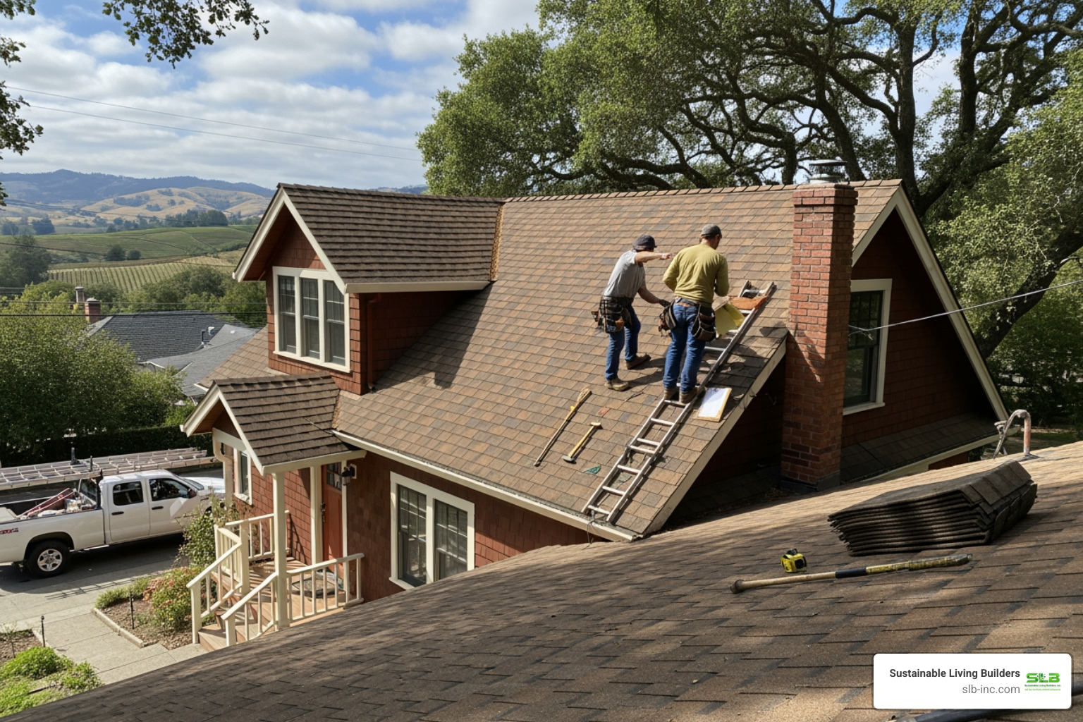 Infographic showing key indicators that your Sebastopol roof needs professional attention: missing or damaged shingles, visible leaks or water stains, moss or algae growth, sagging roof deck, age over 20 years, and post-storm damage - local roofing company in sebastopol ca