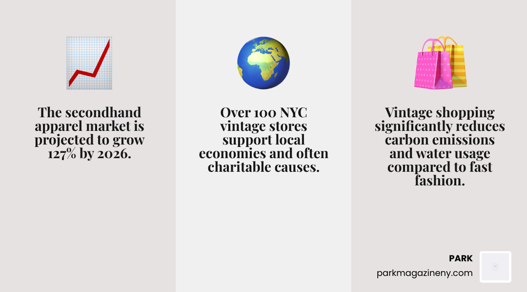 Infographic showing vintage shopping benefits: 127% projected growth in secondhand market by 2026, reduced carbon emissions vs fast fashion, water conservation, support for local economy through 100+ NYC vintage stores, and waste reduction through circular economy model - Vintage shops NYC infographic 3_facts_emoji_grey Infographic showing vintage shopping benefits: 127% projected growth in secondhand market by 2026, reduced carbon emissions vs fast fashion, water conservation, support for local economy through 100+ NYC vintage stores, and waste reduction through circular economy model - Vintage shops NYC infographic 3_facts_emoji_grey