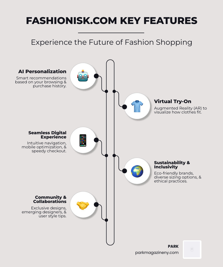 Infographic showing Fashionisk.com's key features: AI-powered personalization engine analyzing browsing history and purchases, virtual try-on technology using AR, seamless mobile shopping interface, sustainability focus with eco-friendly brands, diverse sizing options for inclusivity, streamlined checkout process, and community features including style tips and designer collaborations - fashionisk .com infographic infographic-line-5-steps-elegant_beige Infographic showing Fashionisk.com's key features: AI-powered personalization engine analyzing browsing history and purchases, virtual try-on technology using AR, seamless mobile shopping interface, sustainability focus with eco-friendly brands, diverse sizing options for inclusivity, streamlined checkout process, and community features including style tips and designer collaborations - fashionisk .com infographic infographic-line-5-steps-elegant_beige