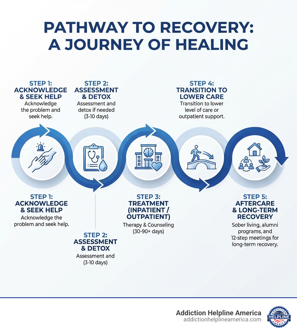 Infographic showing the pathway to recovery: Step 1 - Acknowledge the problem and seek help, Step 2 - Assessment and detox if needed (3-10 days), Step 3 - Inpatient or outpatient treatment with therapy and counseling (30-90+ days), Step 4 - Transition to lower level of care or outpatient support, Step 5 - Aftercare including sober living, alumni programs, and 12-step meetings for long-term recovery - Los Angeles Addiction Treatment Centers infographic 