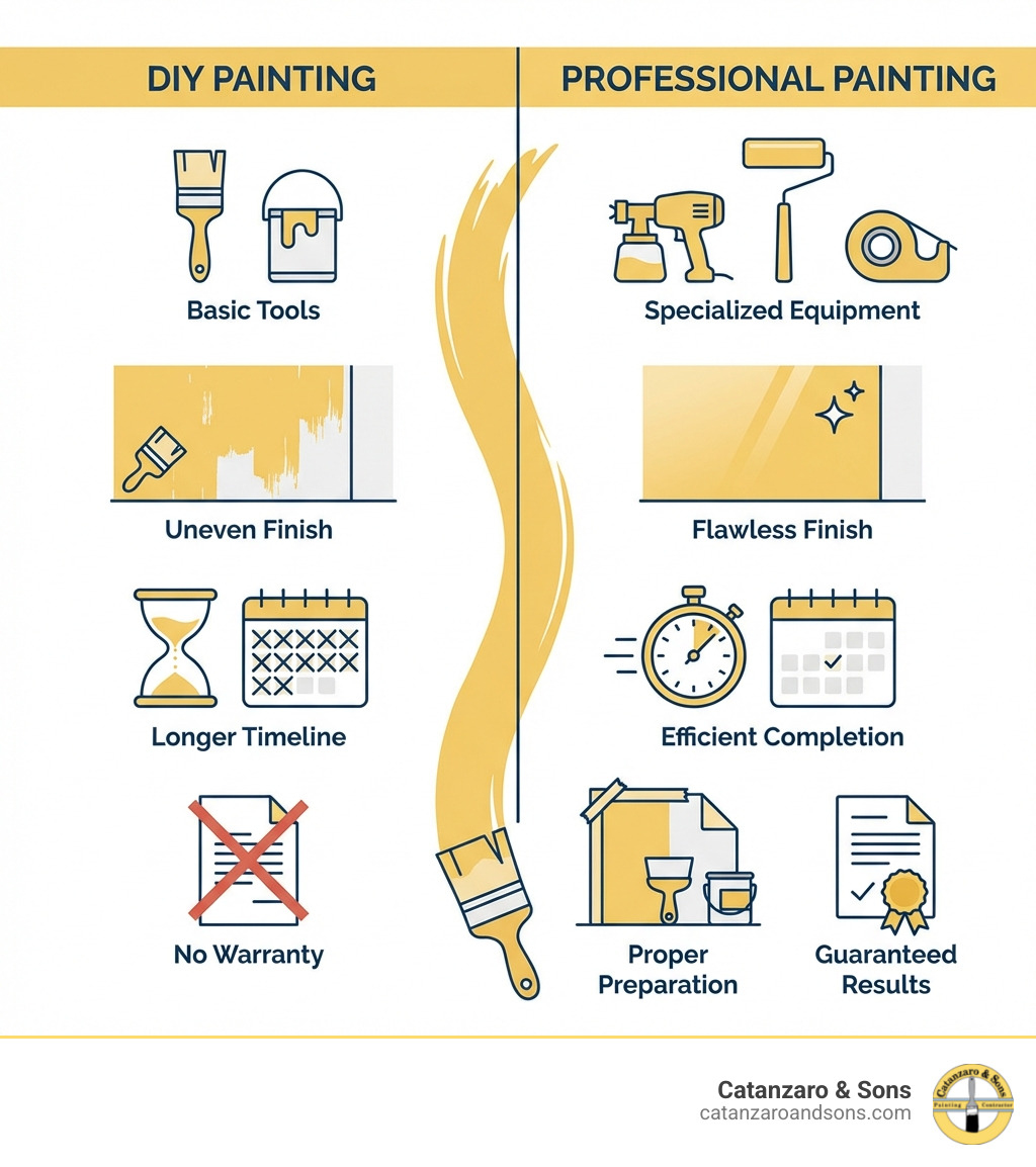 infographic showing the differences between DIY and professional painting: DIY includes basic tools, uneven finish, longer timeline, and no warranty; Professional includes specialized equipment, flawless finish, efficient completion, proper preparation, and guaranteed results - Professional house painters infographic infographic showing the differences between DIY and professional painting: DIY includes basic tools, uneven finish, longer timeline, and no warranty; Professional includes specialized equipment, flawless finish, efficient completion, proper preparation, and guaranteed results - Professional house painters infographic