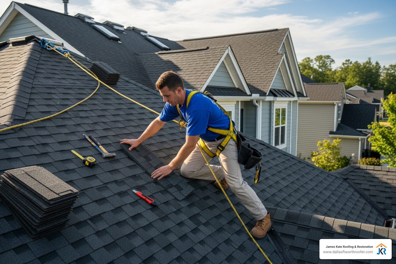 roofer in royal blue James Kate Roofing shirt correctly wearing a safety harness on a residential roof - Roofing shingles installation roofer in royal blue James Kate Roofing shirt correctly wearing a safety harness on a residential roof - Roofing shingles installation