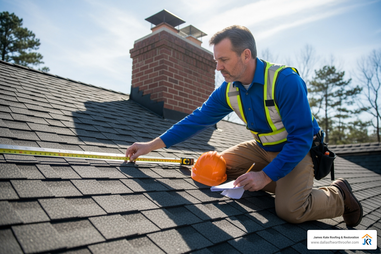 of an inspector in a royal blue "James Kate" shirt carefully examining roof flashing around a chimney on a residential roof - roofer inspector of an inspector in a royal blue "James Kate" shirt carefully examining roof flashing around a chimney on a residential roof - roofer inspector