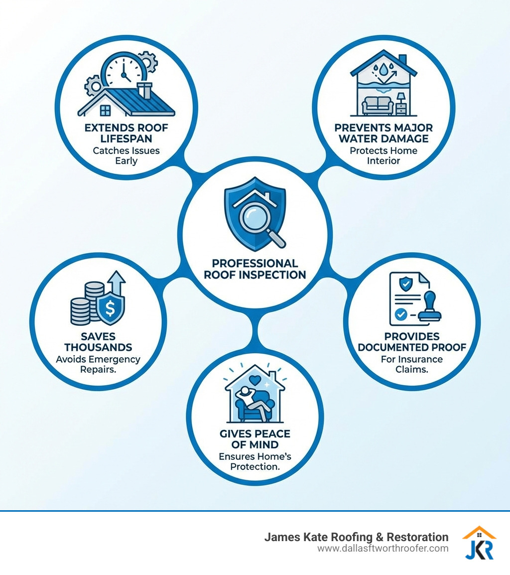 infographic showing benefits of professional roof inspection: extends roof lifespan by catching issues early, prevents major water damage to home interior, saves thousands in avoided emergency repairs, provides documented proof for insurance claims, gives peace of mind about your home's protection - roofer inspector infographic infographic showing benefits of professional roof inspection: extends roof lifespan by catching issues early, prevents major water damage to home interior, saves thousands in avoided emergency repairs, provides documented proof for insurance claims, gives peace of mind about your home's protection - roofer inspector infographic