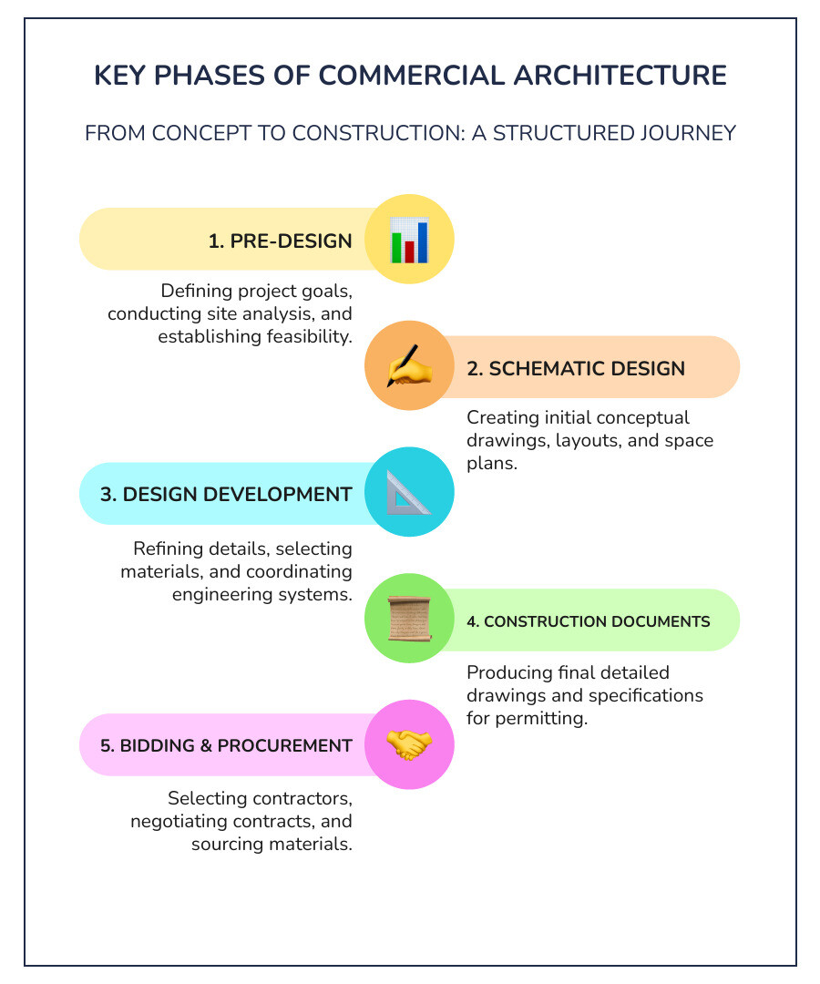 Infographic showing the 7 key phases of the commercial architecture process in a vertical flowchart, with icons representing each phase: Pre-Design (research and planning icon), Schematic Design (sketch icon), Design Development (drafting tools icon), Construction Documents (blueprint icon), Bidding and Procurement (gavel icon), Construction Administration (hard hat icon), and Post-Construction (ribbon icon) - commercial architecture process infographic infographic-line-5-steps-colors Infographic showing the 7 key phases of the commercial architecture process in a vertical flowchart, with icons representing each phase: Pre-Design (research and planning icon), Schematic Design (sketch icon), Design Development (drafting tools icon), Construction Documents (blueprint icon), Bidding and Procurement (gavel icon), Construction Administration (hard hat icon), and Post-Construction (ribbon icon) - commercial architecture process infographic infographic-line-5-steps-colors
