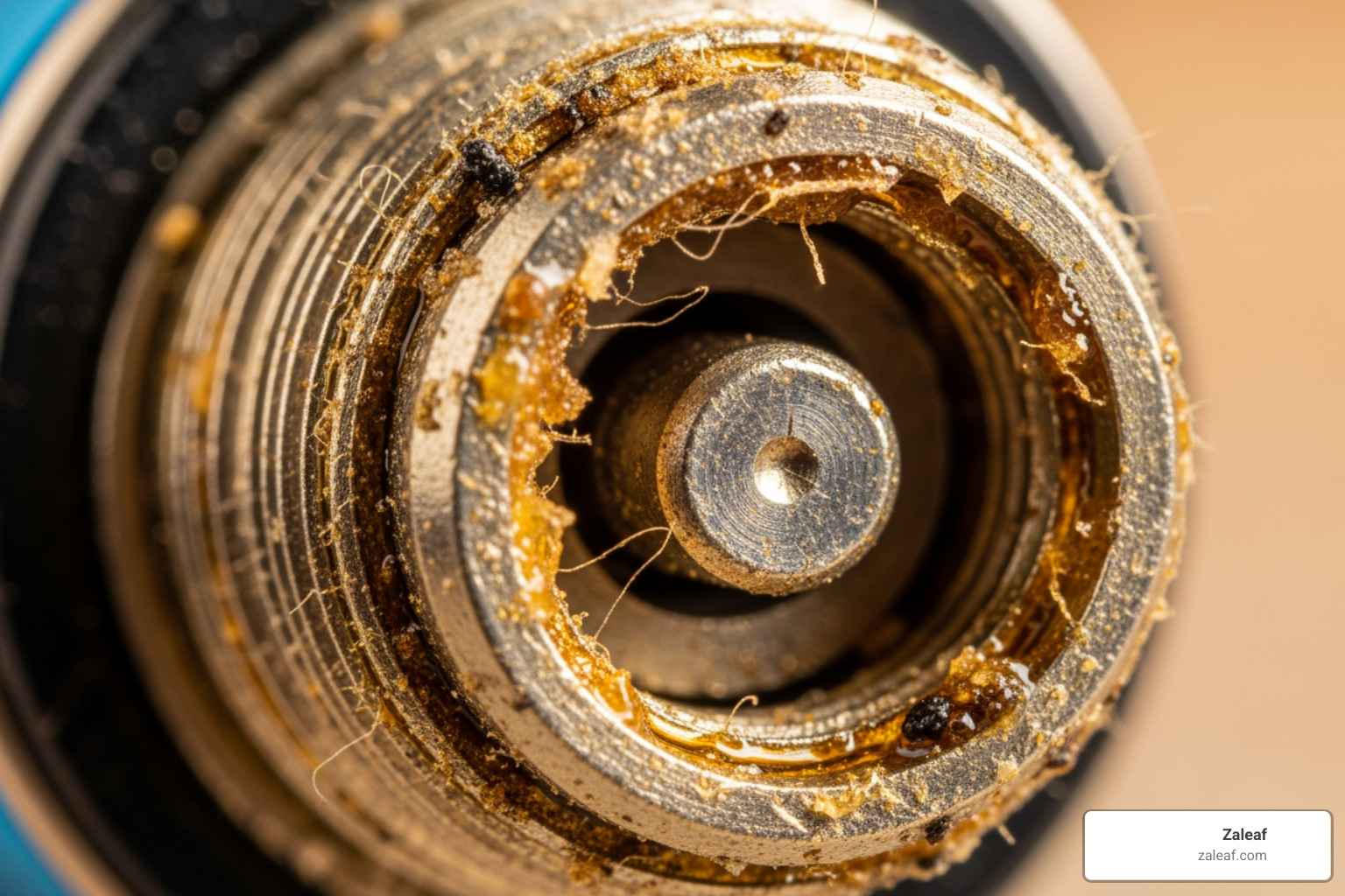 close-up of a dirty 510-thread connection on a vape battery - battery not charging