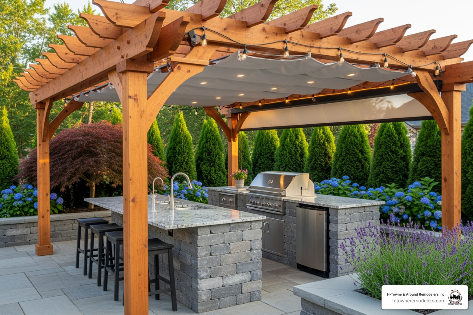 custom-built pergola over a patio with an outdoor kitchen setup - houston deck builder