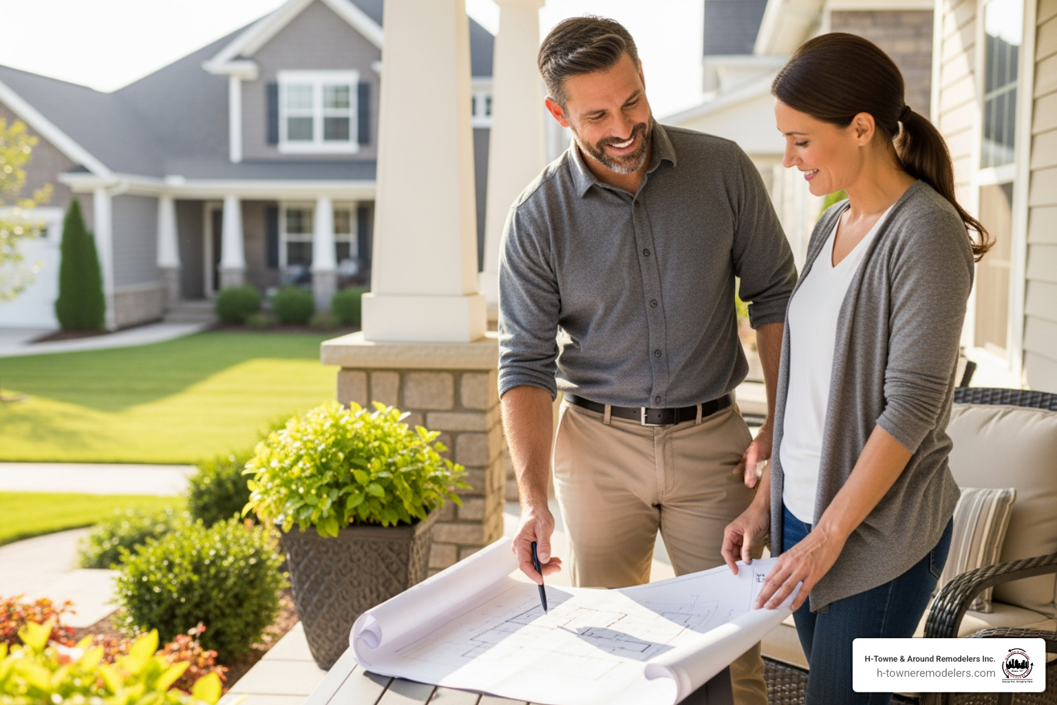 friendly contractor discussing plans with a homeowner on a porch - houston deck builder
