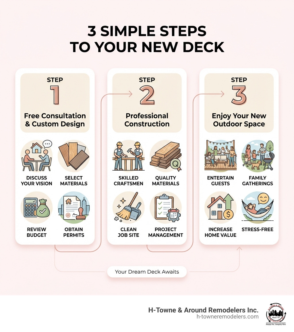 Infographic showing 3 simple steps to get your new deck: Step 1 - Free Consultation & Custom Design (discuss your vision, select materials, review budget, obtain permits), Step 2 - Professional Construction (skilled craftsmen, quality materials, clean job site, project management), Step 3 - Enjoy Your New Outdoor Space (entertain guests, family gatherings, increase home value, stress-free experience) - houston deck builder infographic 