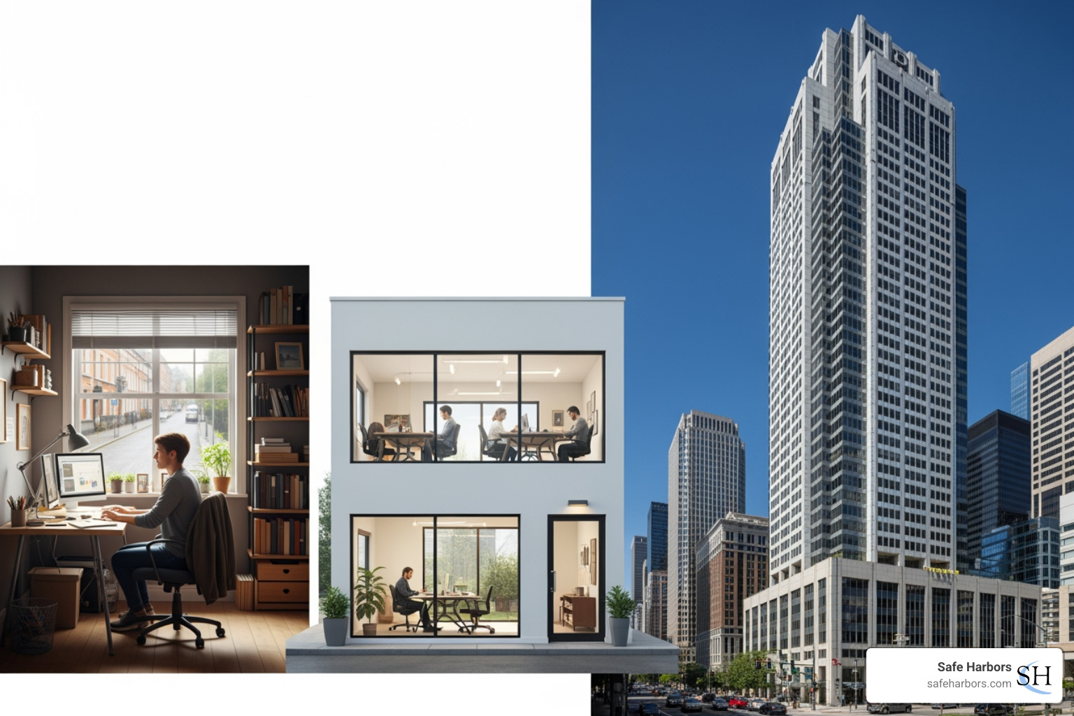 different business sizes: a freelancer, a small office, and a large corporate building - Spend management solutions