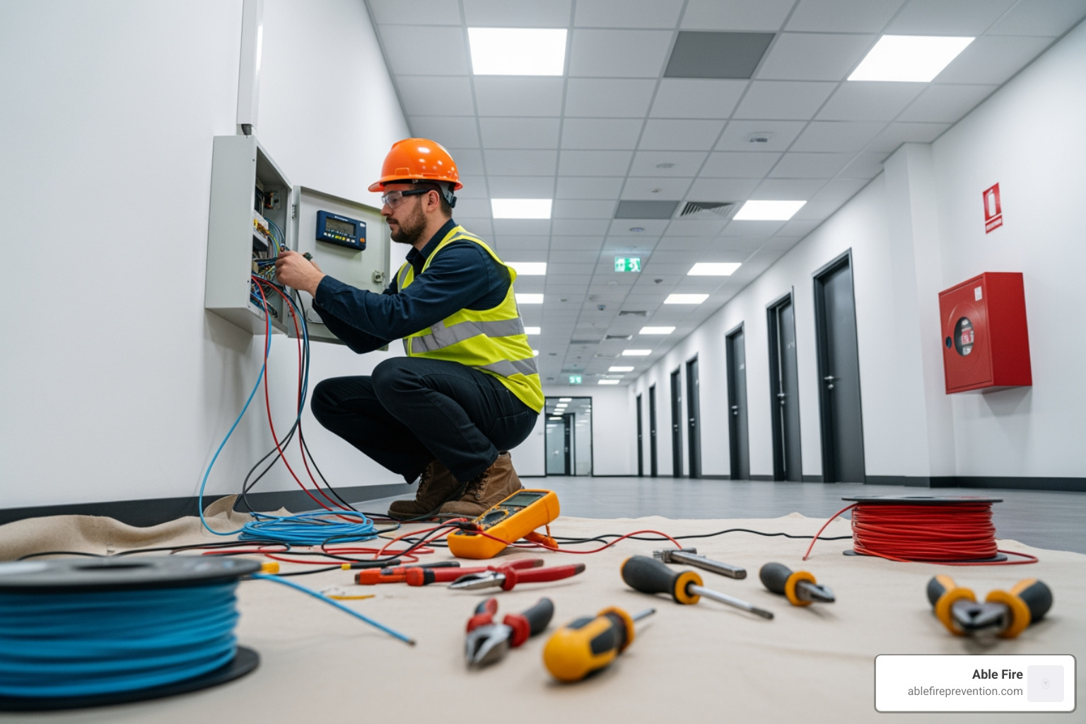 Technician installing a fire alarm system in a commercial building - fire alarm systems Brooklyn Technician installing a fire alarm system in a commercial building - fire alarm systems Brooklyn