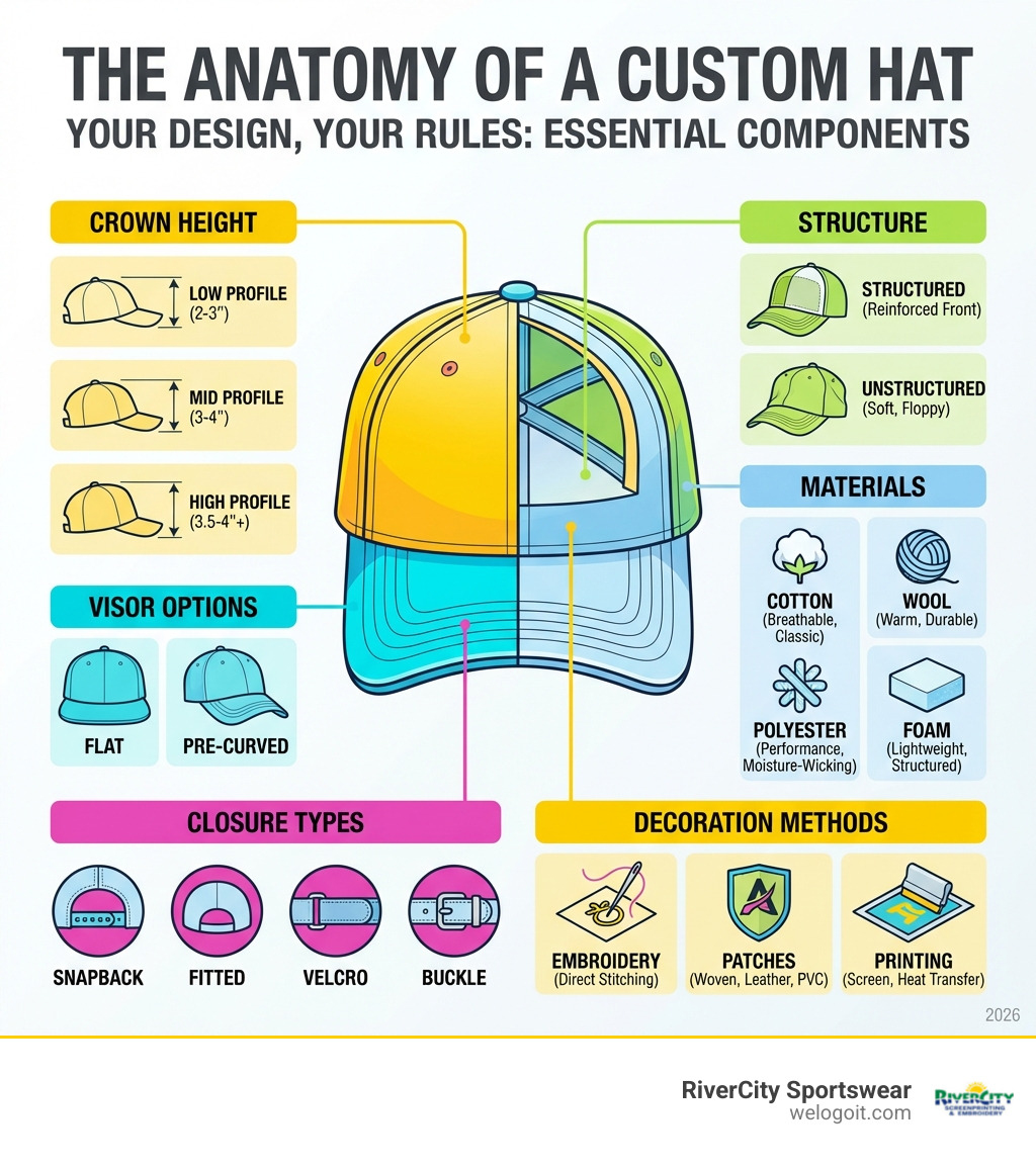 Infographic showing the anatomy of a custom hat including crown height (low/mid/high profile), visor options (pre-curved vs flat), closure types (snapback, fitted, velcro, buckle), structure (structured vs unstructured), materials (cotton, wool, polyester, foam), and decoration methods (embroidery, patches, printing) - custom designed hats infographic 