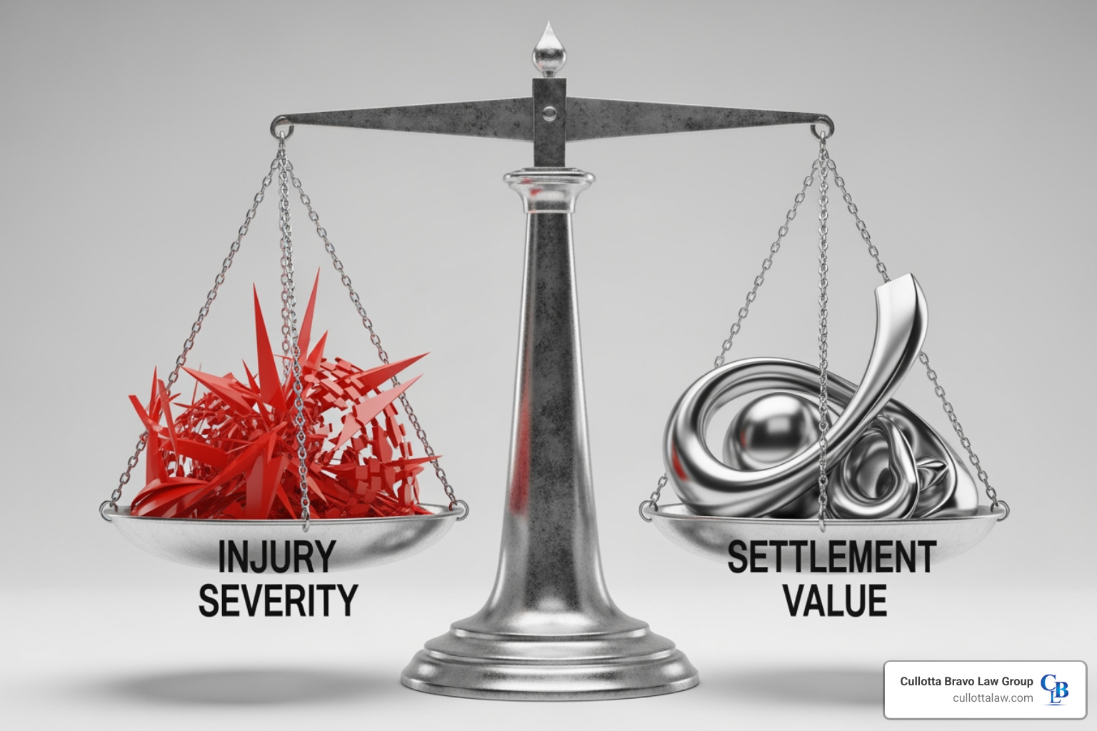 A scale balancing "Injury Severity" and "Settlement Value" - Maximum car accident settlement