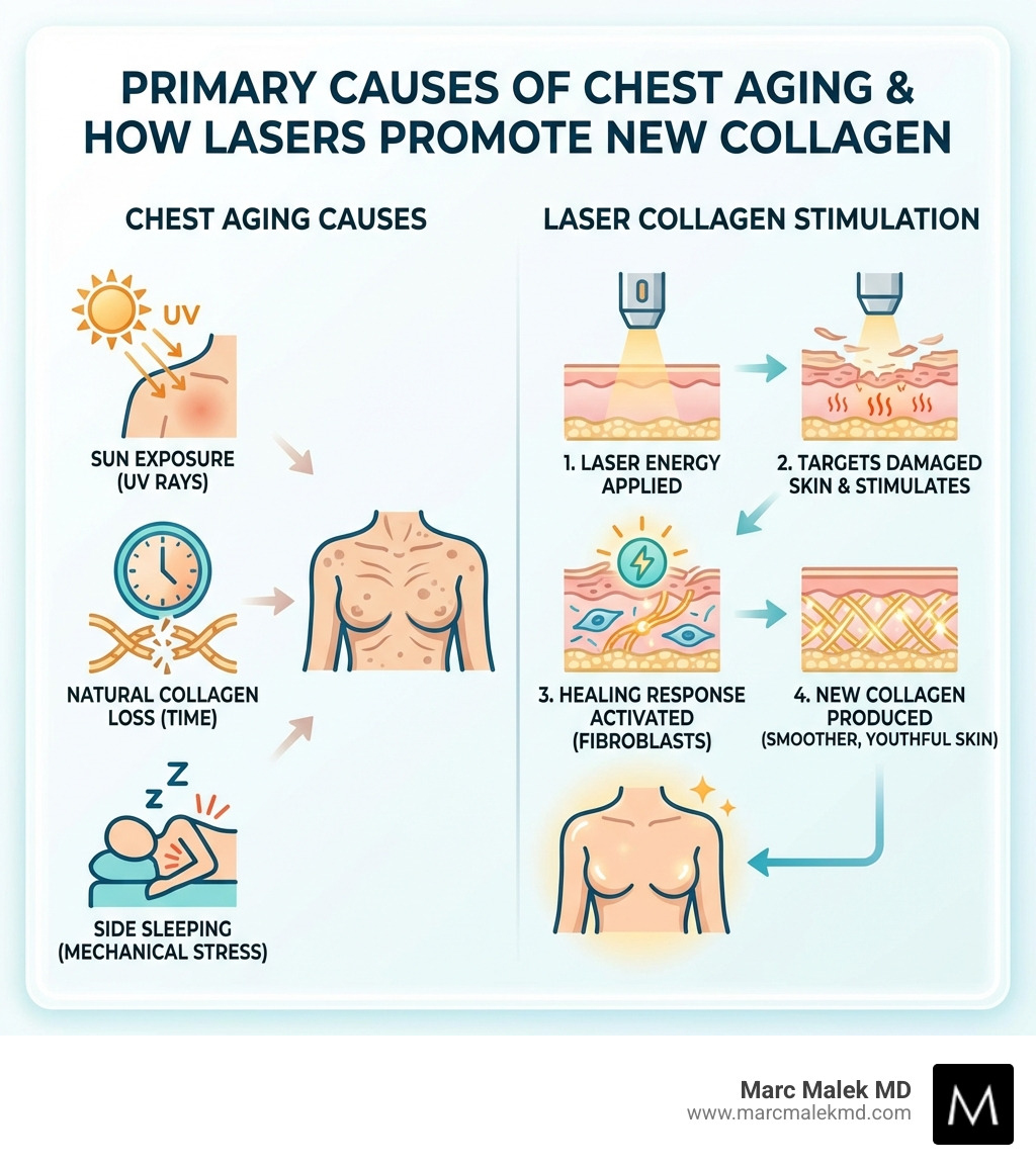 infographic explaining the primary causes of chest aging and a simplified diagram of how lasers promote new collagen - chest laser resurfacing infographic infographic explaining the primary causes of chest aging and a simplified diagram of how lasers promote new collagen - chest laser resurfacing infographic