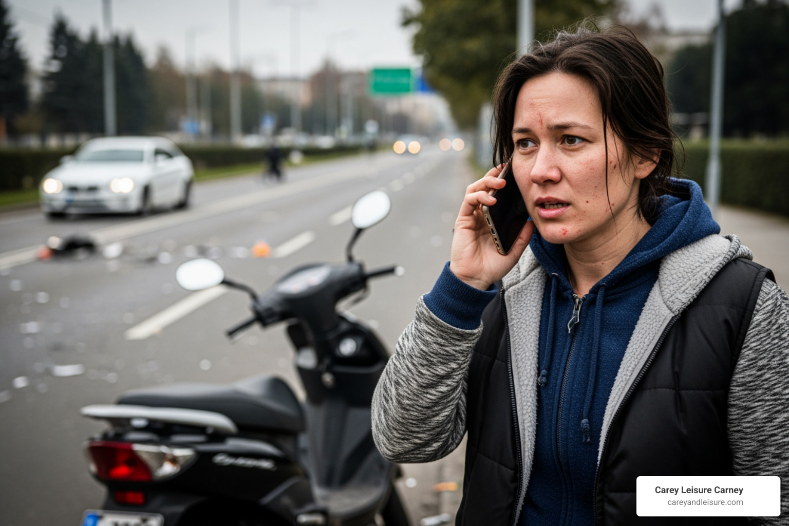 of a person on the phone by the roadside after an accident - Scooter accident lawyer of a person on the phone by the roadside after an accident - Scooter accident lawyer