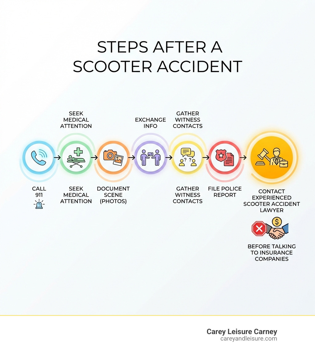infographic showing steps after a scooter accident: call 911, seek medical attention, document the scene with photos, exchange information with other parties, gather witness contacts, file a police report, and contact an experienced scooter accident lawyer before talking to insurance companies - Scooter accident lawyer infographic infographic showing steps after a scooter accident: call 911, seek medical attention, document the scene with photos, exchange information with other parties, gather witness contacts, file a police report, and contact an experienced scooter accident lawyer before talking to insurance companies - Scooter accident lawyer infographic