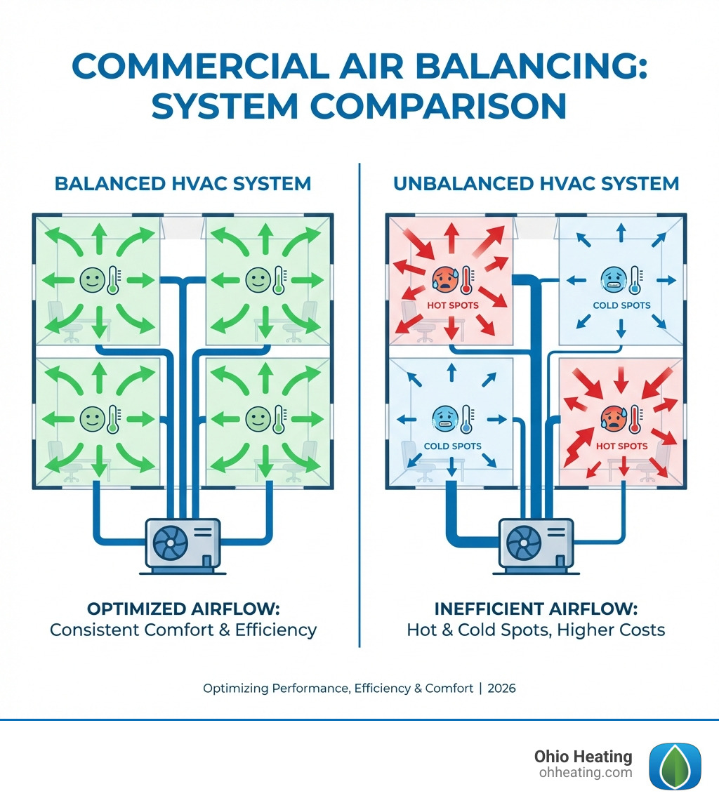 infographic showing a side-by-side comparison of a balanced HVAC system with even green airflow arrows distributed evenly to all rooms versus an unbalanced system with uneven red and blue arrows showing hot and cold spots in different areas - Commercial air balancing infographic 