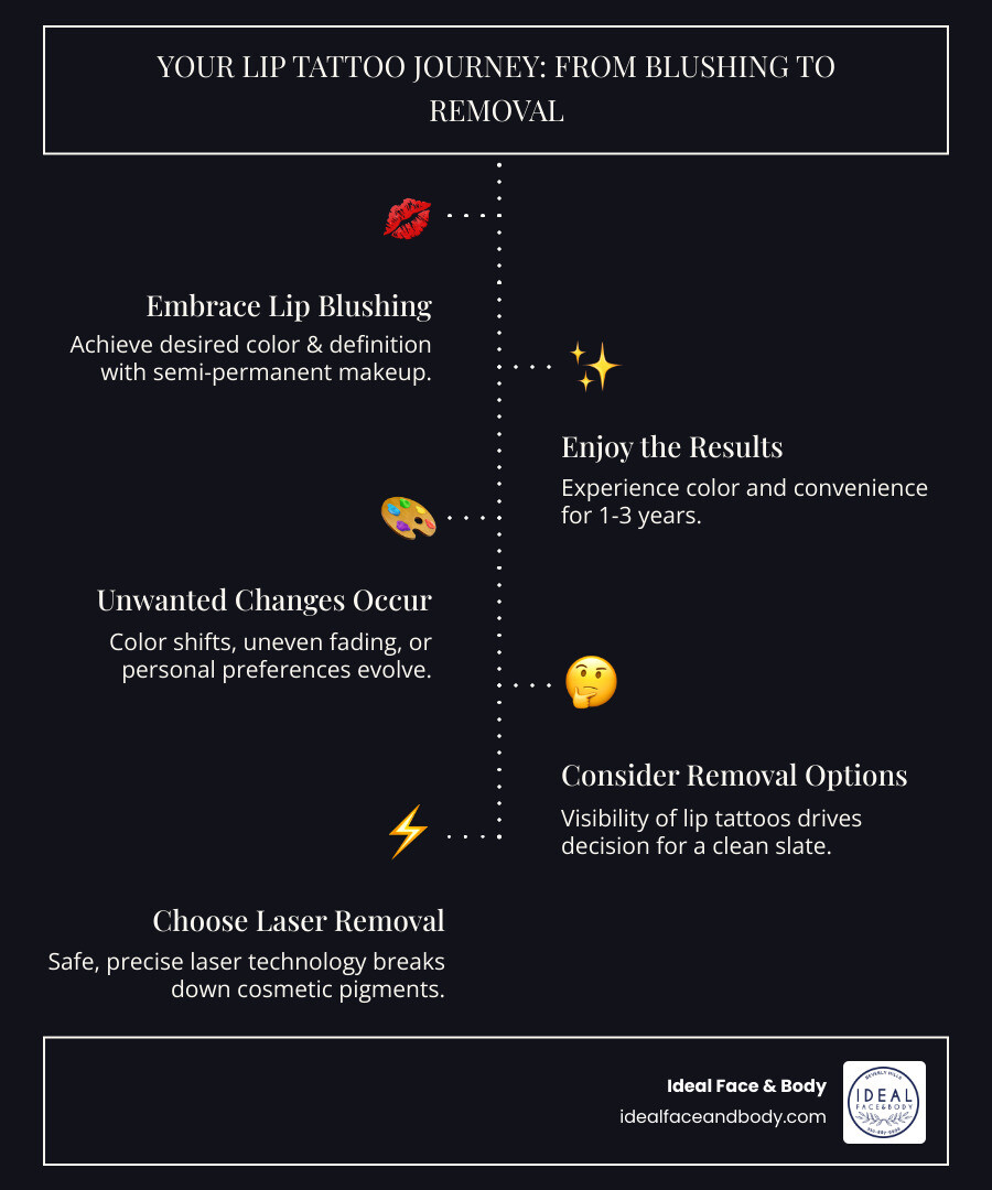 Infographic explaining the journey from getting a lip tattoo to deciding on removal - laser lip tattoo removal infographic infographic-line-5-steps-dark Infographic explaining the journey from getting a lip tattoo to deciding on removal - laser lip tattoo removal infographic infographic-line-5-steps-dark