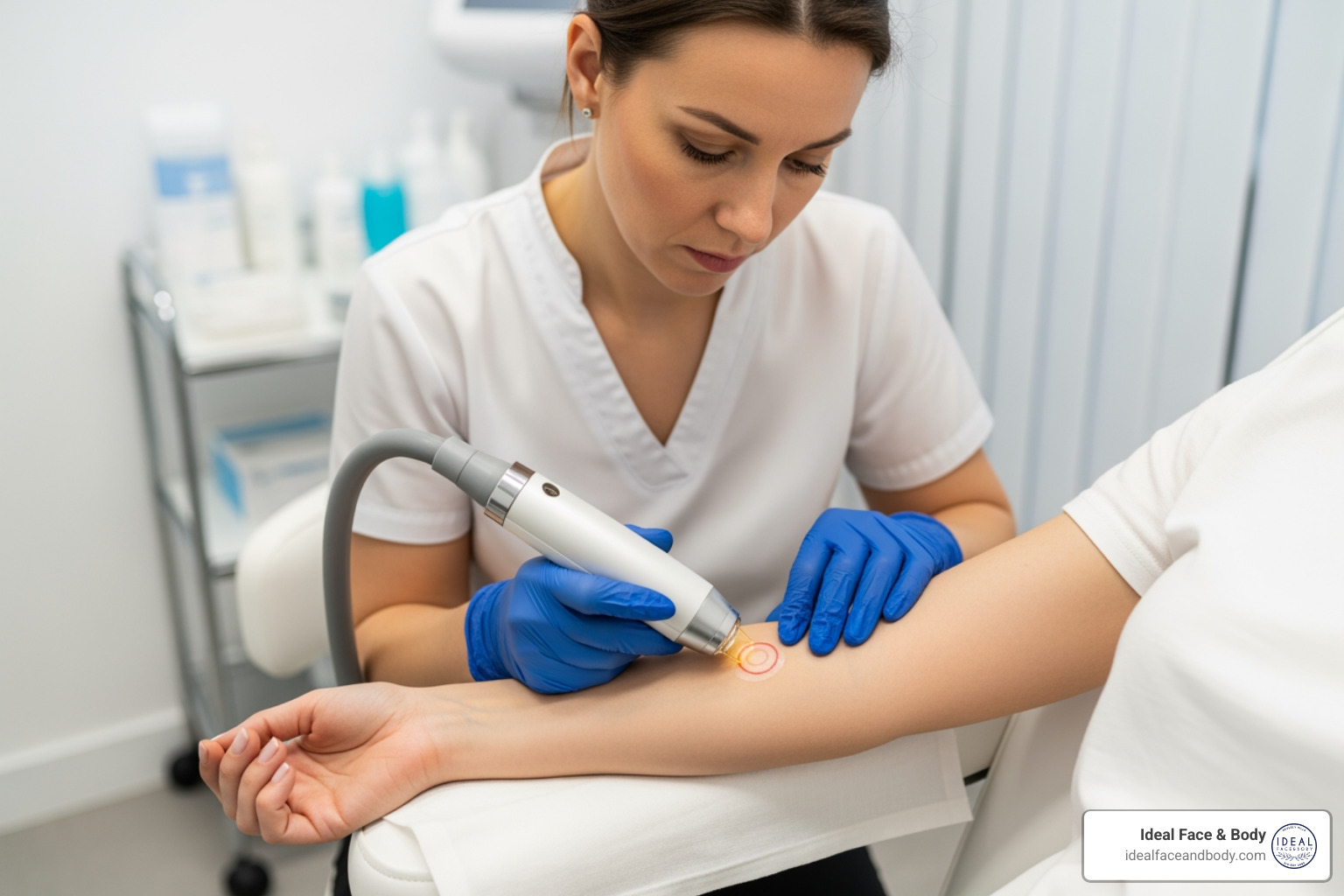laser technician performing a patch test on a client's arm - laser lip tattoo removal laser technician performing a patch test on a client's arm - laser lip tattoo removal