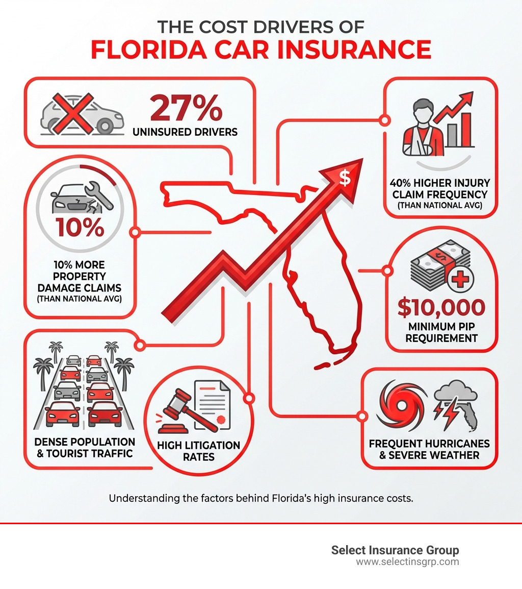 Infographic showing why Florida car insurance is expensive: 27% uninsured drivers, 40% higher injury claim frequency than national average, $10,000 minimum PIP requirement, frequent hurricanes and severe weather, high litigation rates, dense population and tourist traffic, 10% more property damage claims than national average - affordable car insurance florida infographic Infographic showing why Florida car insurance is expensive: 27% uninsured drivers, 40% higher injury claim frequency than national average, $10,000 minimum PIP requirement, frequent hurricanes and severe weather, high litigation rates, dense population and tourist traffic, 10% more property damage claims than national average - affordable car insurance florida infographic