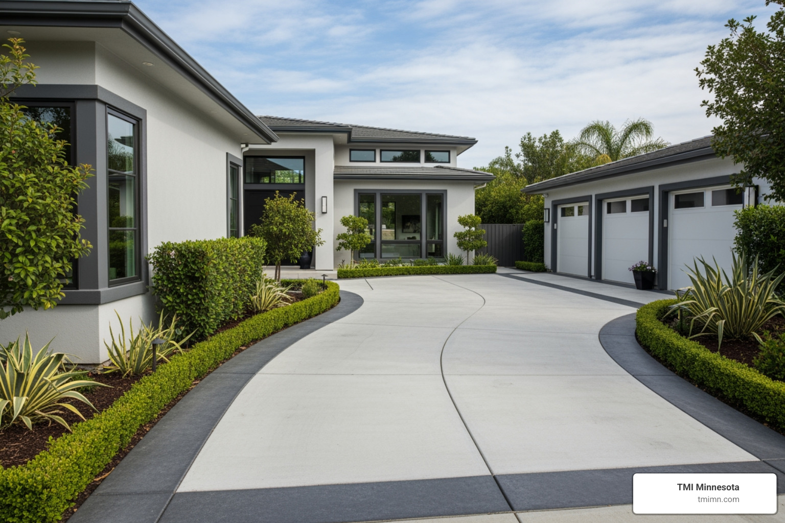 decorative concrete driveway with a contrasting border that complements the home's trim color - Decorative concrete driveway
