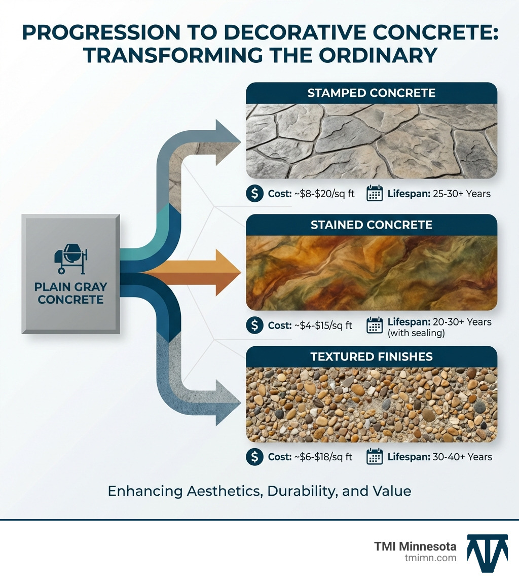 infographic showing the progression from plain gray concrete to three main decorative options: stamped concrete with natural stone patterns, stained concrete with rich variegated colors, and textured finishes with exposed aggregate, including cost ranges and typical lifespans for each option - Decorative concrete driveway infographic 