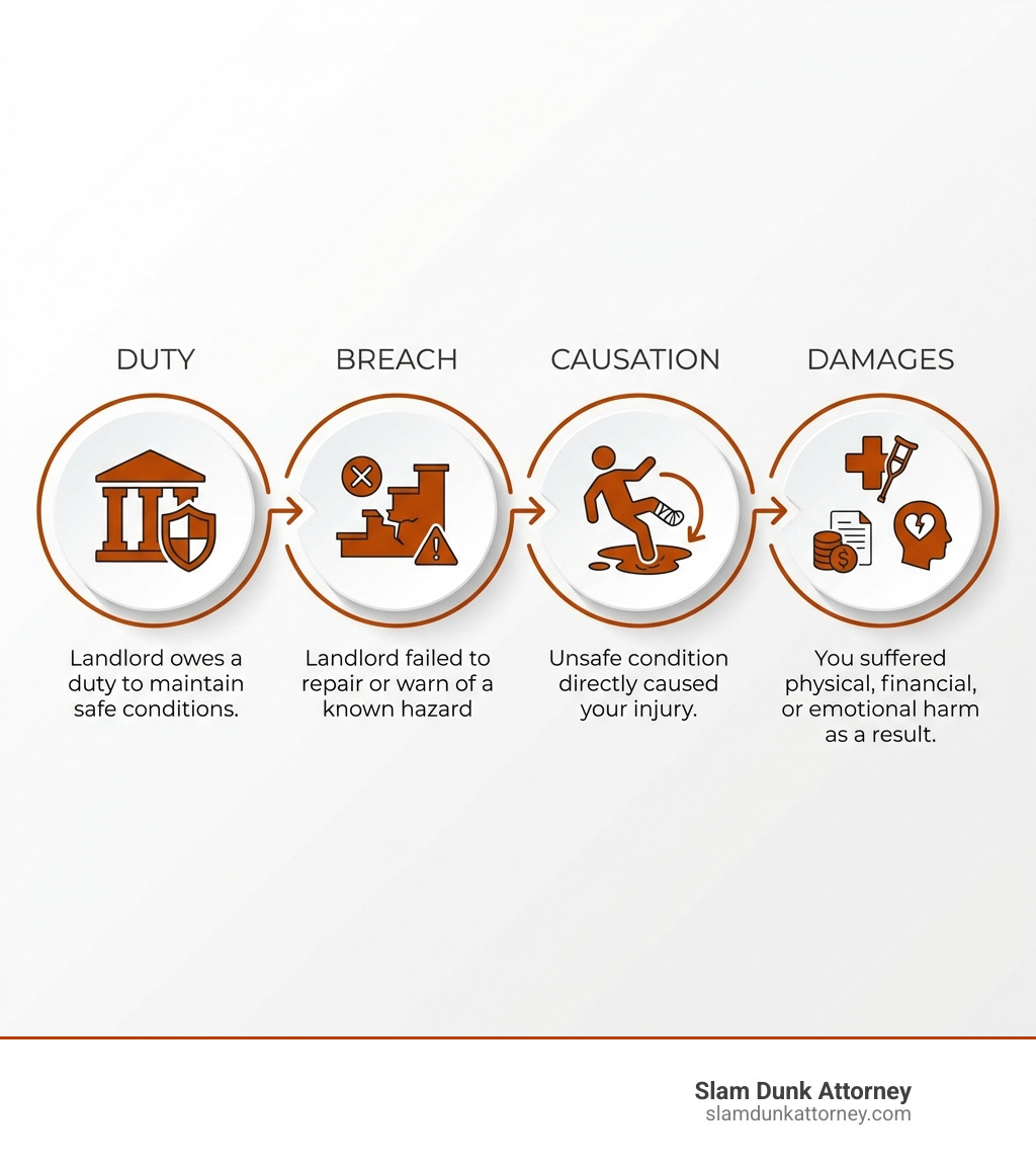 Infographic showing the 4 elements of a Georgia premises liability claim: 1) Duty - The landlord owes you a duty to maintain safe conditions, 2) Breach - The landlord failed to repair or warn of a known hazard, 3) Causation - The unsafe condition directly caused your injury, 4) Damages - You suffered physical, financial, or emotional harm as a result - apartment injury lawyer infographic 