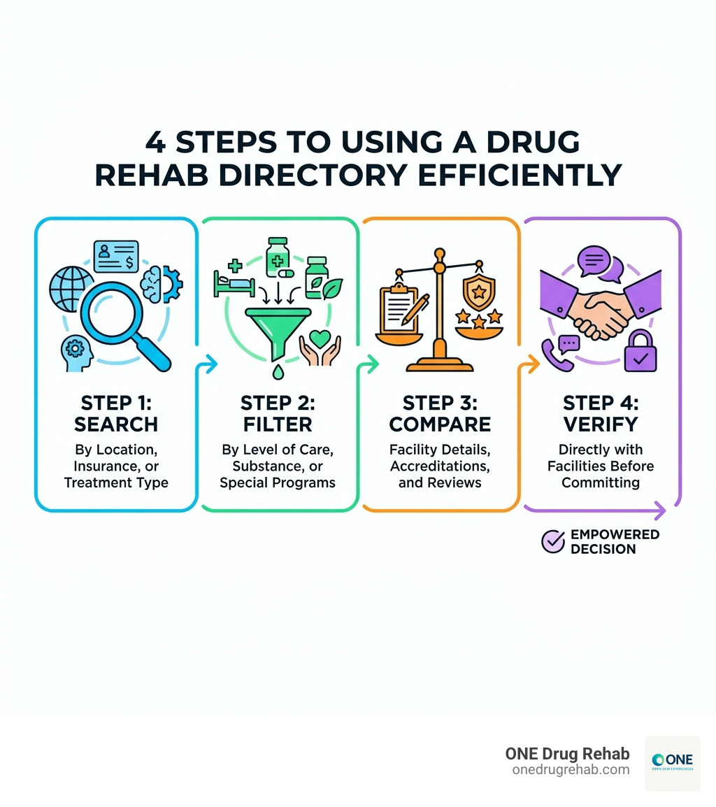 Infographic showing 4 steps to using a drug rehab directory: Step 1 Search by location insurance or treatment type, Step 2 Filter by level of care substance or special programs, Step 3 Compare facility details accreditations and reviews, Step 4 Verify information directly with facilities before committing - drug rehab directory infographic 