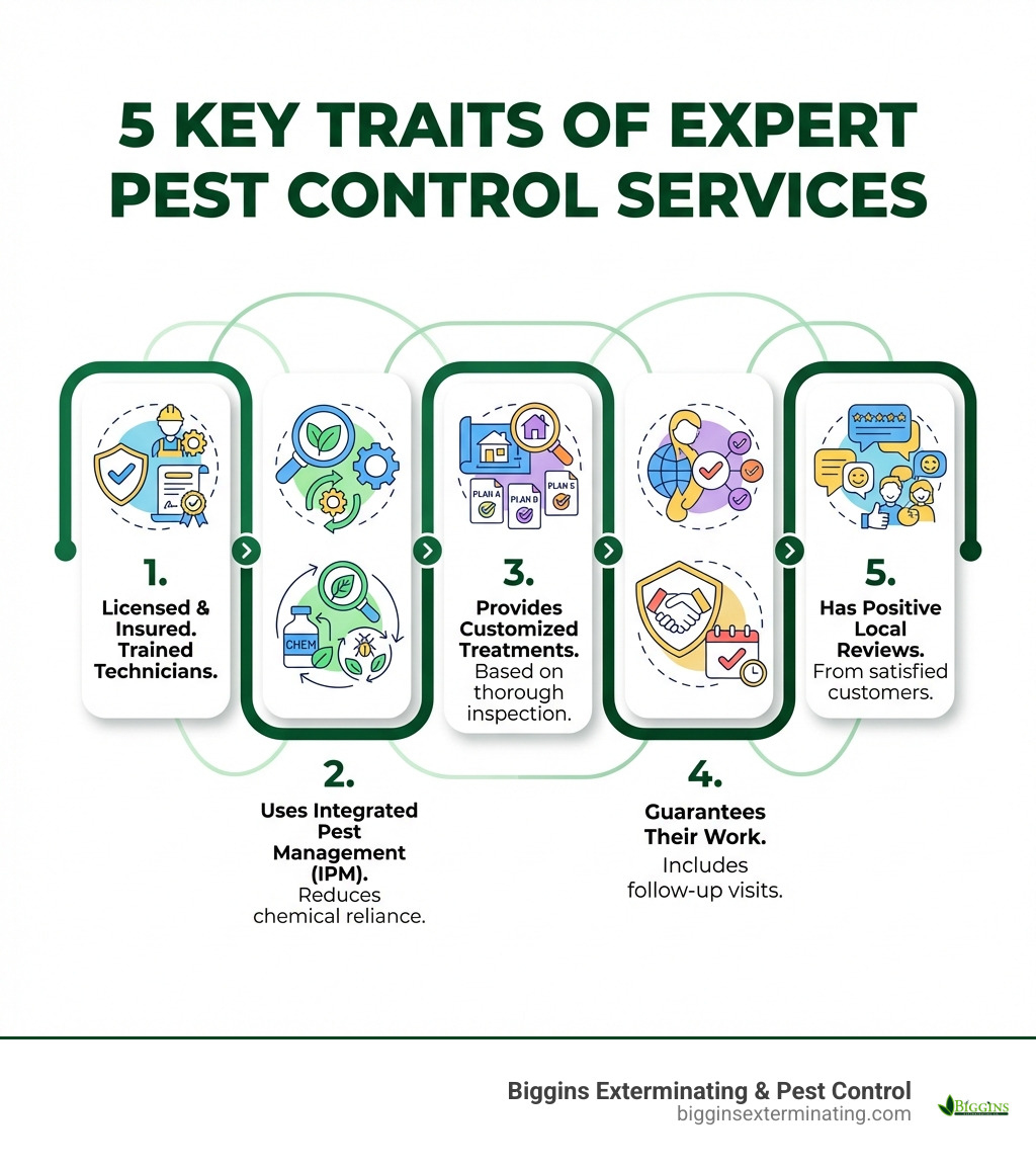 Infographic showing 5 key traits of expert pest control services: 1. Licensed and Insured with trained technicians, 2. Uses Integrated Pest Management IPM to reduce chemical reliance, 3. Provides Customized Treatments based on thorough inspection, 4. Guarantees Their Work with follow-up visits, 5. Has Positive Local Reviews from satisfied customers - Expert pest services infographic 