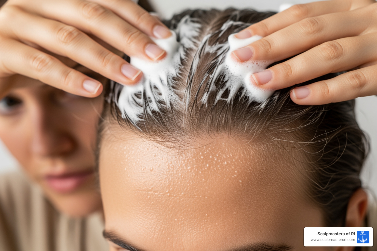 Person applying Minoxidil foam to their hairline - best treatment for receding hairline Person applying Minoxidil foam to their hairline - best treatment for receding hairline