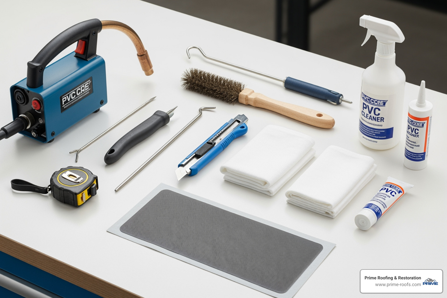 Complete PVC roof repair kit laid out neatly - PVC roof repair
