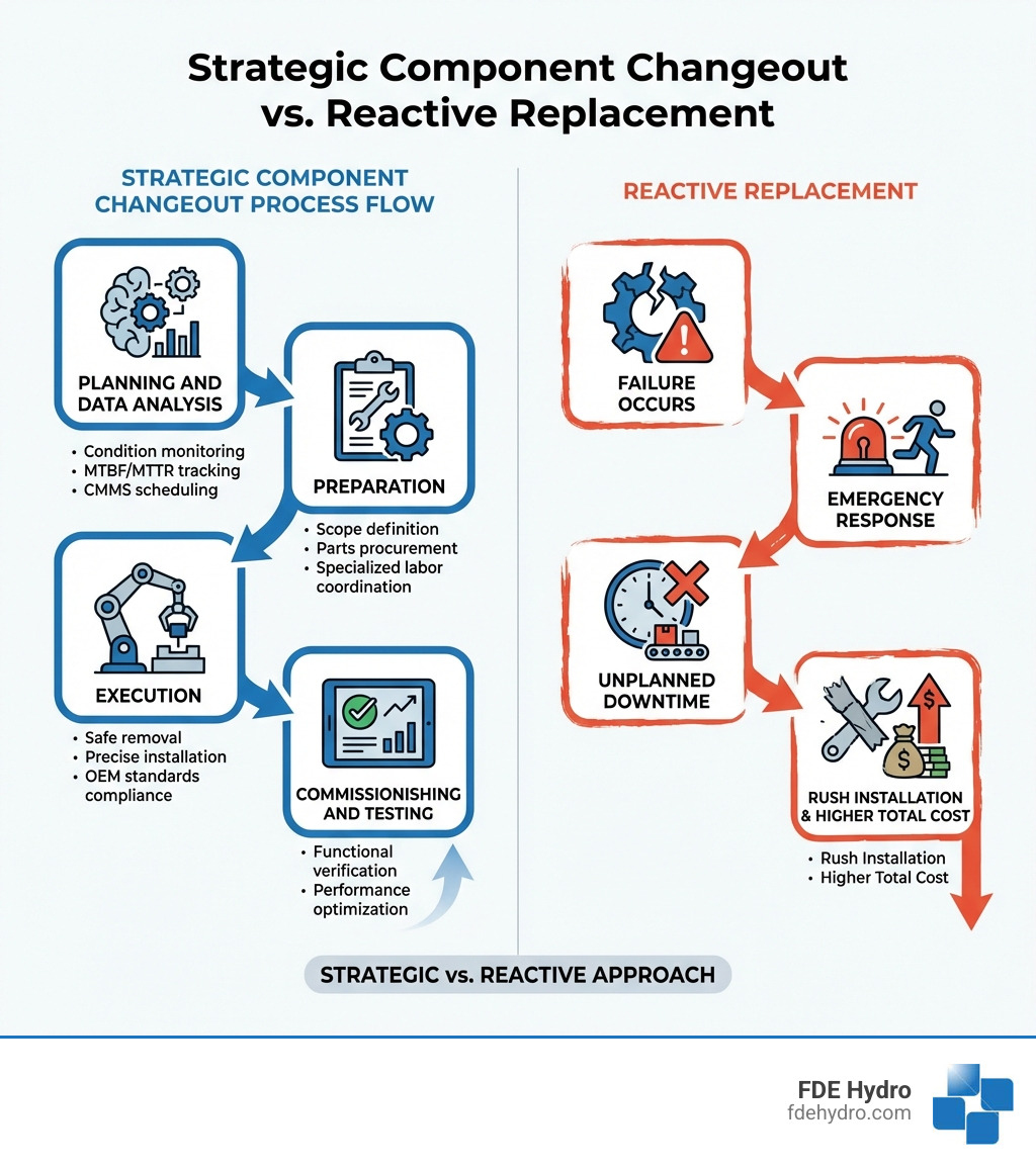 Infographic showing the strategic component changeout process flow: Planning and Data Analysis (condition monitoring, MTBF/MTTR tracking, CMMS scheduling) → Preparation (scope definition, parts procurement, specialized labor coordination) → Execution (safe removal, precise installation, OEM standards compliance) → Commissioning and Testing (functional verification, performance optimization) contrasted with Reactive Replacement showing: Failure Occurs → Emergency Response → Unplanned Downtime → Rush Installation → Higher Total Cost - component changeout infographic Infographic showing the strategic component changeout process flow: Planning and Data Analysis (condition monitoring, MTBF/MTTR tracking, CMMS scheduling) → Preparation (scope definition, parts procurement, specialized labor coordination) → Execution (safe removal, precise installation, OEM standards compliance) → Commissioning and Testing (functional verification, performance optimization) contrasted with Reactive Replacement showing: Failure Occurs → Emergency Response → Unplanned Downtime → Rush Installation → Higher Total Cost - component changeout infographic