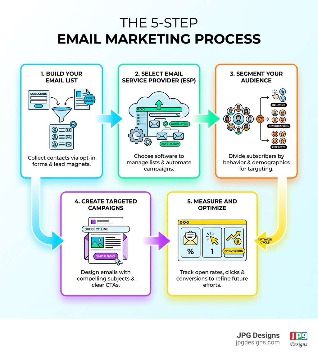 Infographic showing the 5-step email marketing process: 1) Build your email list through opt-in forms and lead magnets, 2) Select an Email Service Provider to manage campaigns, 3) Segment your audience by behavior and demographics, 4) Create targeted campaigns with compelling subject lines and CTAs, 5) Measure performance through open rates, clicks, and conversions to optimize future campaigns - How email marketing works? infographic Infographic showing the 5-step email marketing process: 1) Build your email list through opt-in forms and lead magnets, 2) Select an Email Service Provider to manage campaigns, 3) Segment your audience by behavior and demographics, 4) Create targeted campaigns with compelling subject lines and CTAs, 5) Measure performance through open rates, clicks, and conversions to optimize future campaigns - How email marketing works? infographic