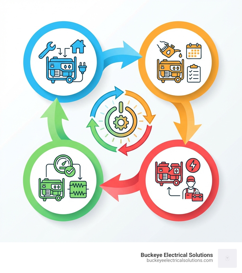 Infographic showing the generator reliability cycle: Professional Installation with proper sizing and ATS wiring leads to Preventative Maintenance including scheduled oil changes and inspections, which enables quick Emergency Repair when failures occur, followed by Performance Testing through load bank verification, creating a continuous cycle back to reliable operation - Electrical generator service infographic 