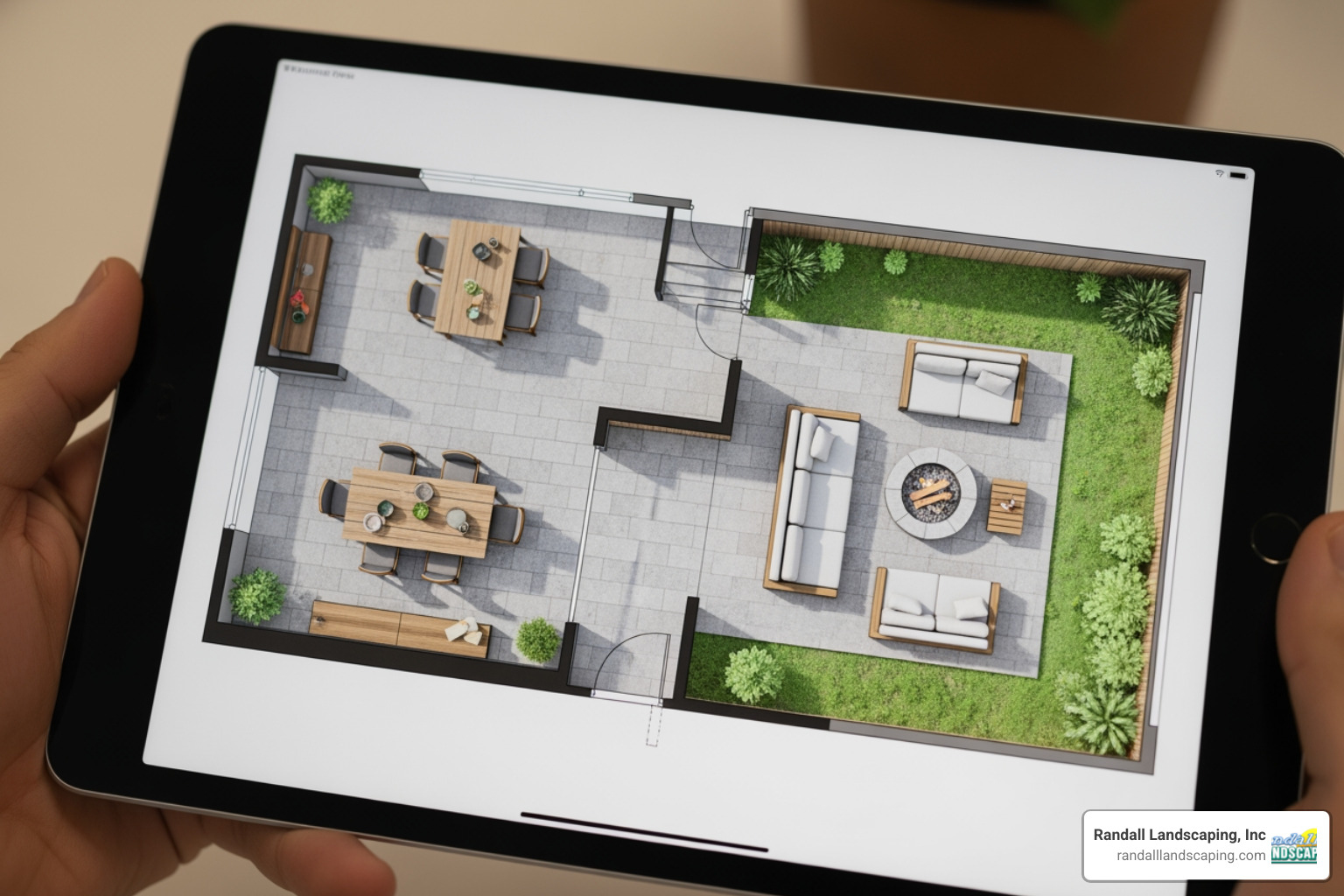 Detailed 3D patio plan on a tablet screen, showcasing different zones - patio design build