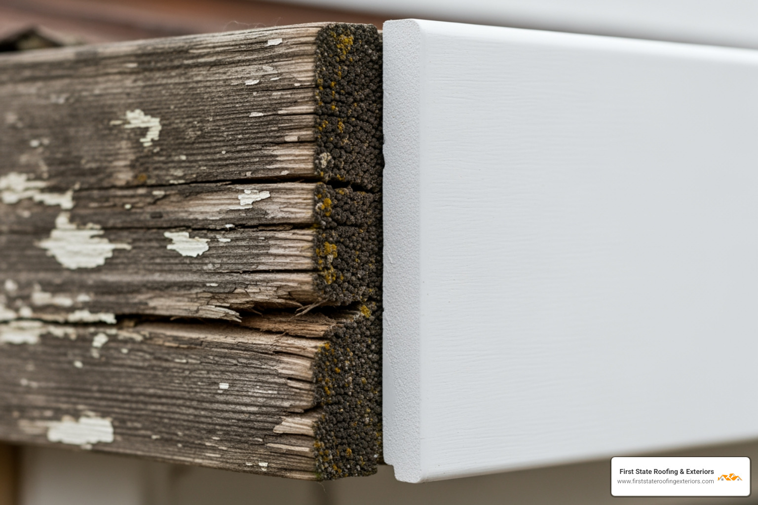 comparing a deteriorated wooden fascia board with a new vinyl replacement. - fascia and soffit replacement cost