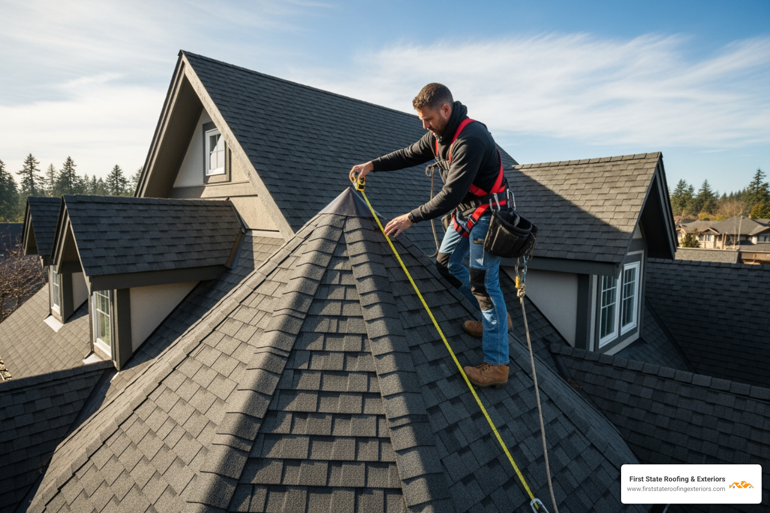 of a roofer with safety harness measuring a complex roofline. - fascia and soffit replacement cost