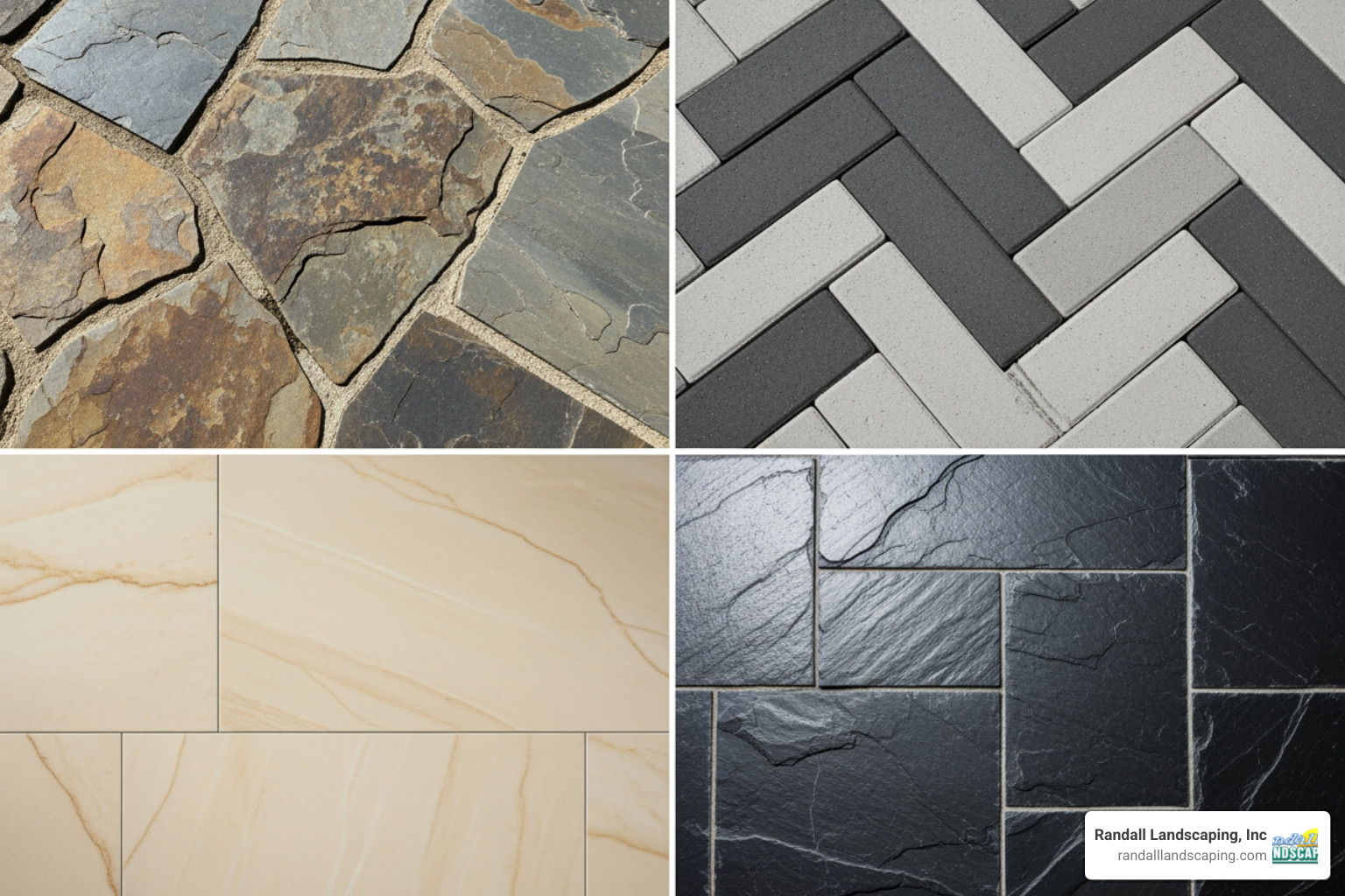 Close-up collage showcasing various patio materials like natural stone, pavers, and porcelain tiles - patio design build