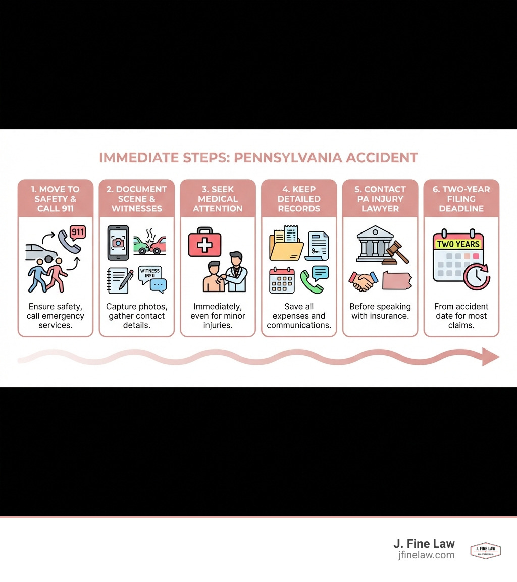 Infographic showing immediate steps after a Pennsylvania accident: 1) Move to safety and call 911 if needed, 2) Document the scene with photos and gather witness contact information, 3) Seek medical attention immediately - even for minor injuries, 4) Keep detailed records of all accident-related expenses and communications, 5) Contact a Pennsylvania personal injury lawyer before speaking with insurance adjusters, 6) Remember you have two years from the accident date to file most injury claims in Pennsylvania - injury lawyer Pennsylvania infographic Infographic showing immediate steps after a Pennsylvania accident: 1) Move to safety and call 911 if needed, 2) Document the scene with photos and gather witness contact information, 3) Seek medical attention immediately - even for minor injuries, 4) Keep detailed records of all accident-related expenses and communications, 5) Contact a Pennsylvania personal injury lawyer before speaking with insurance adjusters, 6) Remember you have two years from the accident date to file most injury claims in Pennsylvania - injury lawyer Pennsylvania infographic