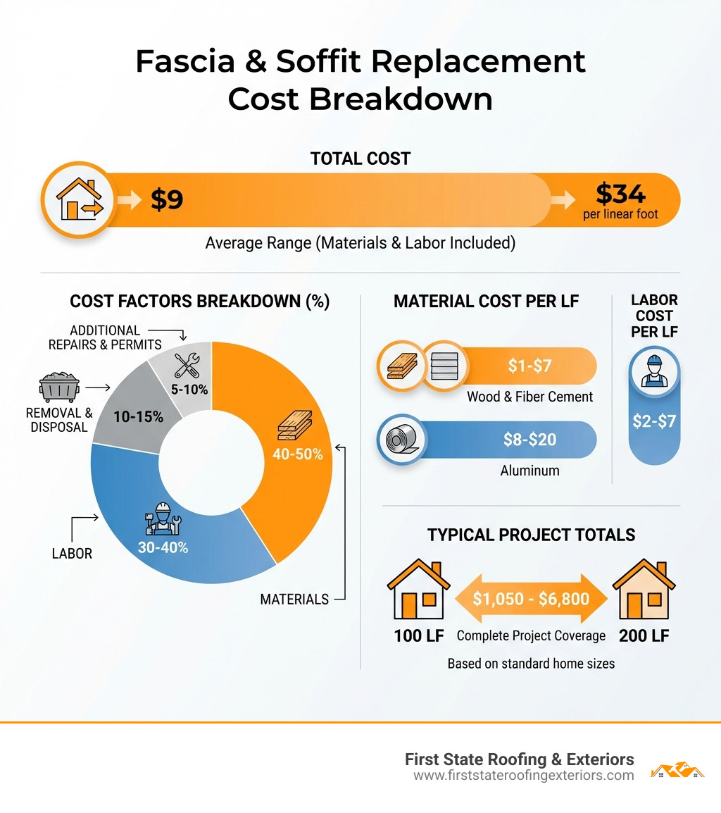 Infographic showing average fascia and soffit replacement cost breakdown: $9-$34 per linear foot total cost, with material costs ranging from $1-$7/LF for wood and fiber cement to $8-$20/LF for aluminum, labor costs of $2-$7/LF, and typical project totals of $1,050-$6,800 for 100-200 linear feet of coverage. Includes visual breakdown of cost factors including materials (40-50%), labor (30-40%), removal and disposal (10-15%), and additional repairs or permits (5-10%). - fascia and soffit replacement cost infographic 