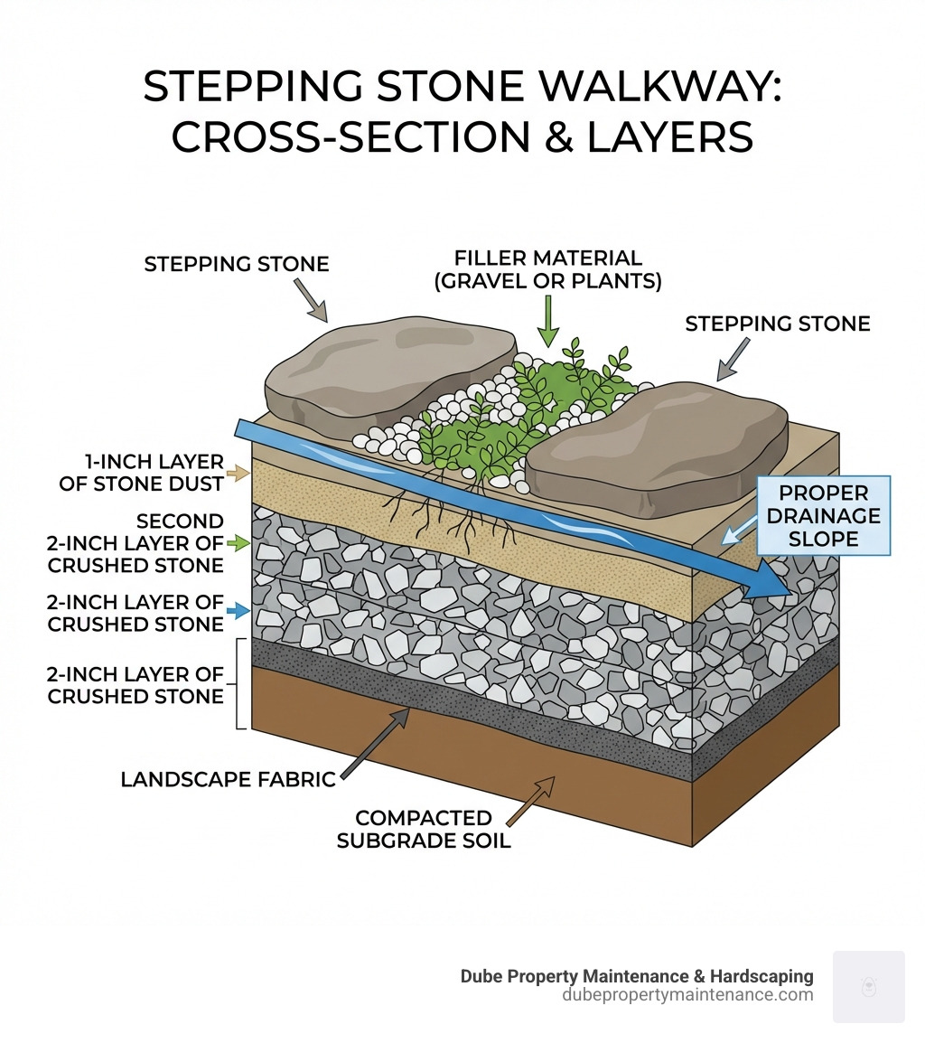 Cross-section infographic showing the layers of a properly installed stepping stone walkway, from bottom to top: compacted subgrade soil, landscape fabric, 2-inch layer of crushed stone, second 2-inch layer of crushed stone, 1-inch layer of stone dust, stepping stone on top, and filler material (gravel or plants) between stones, with labels indicating proper drainage slope - rock and stepping stone walkway infographic 