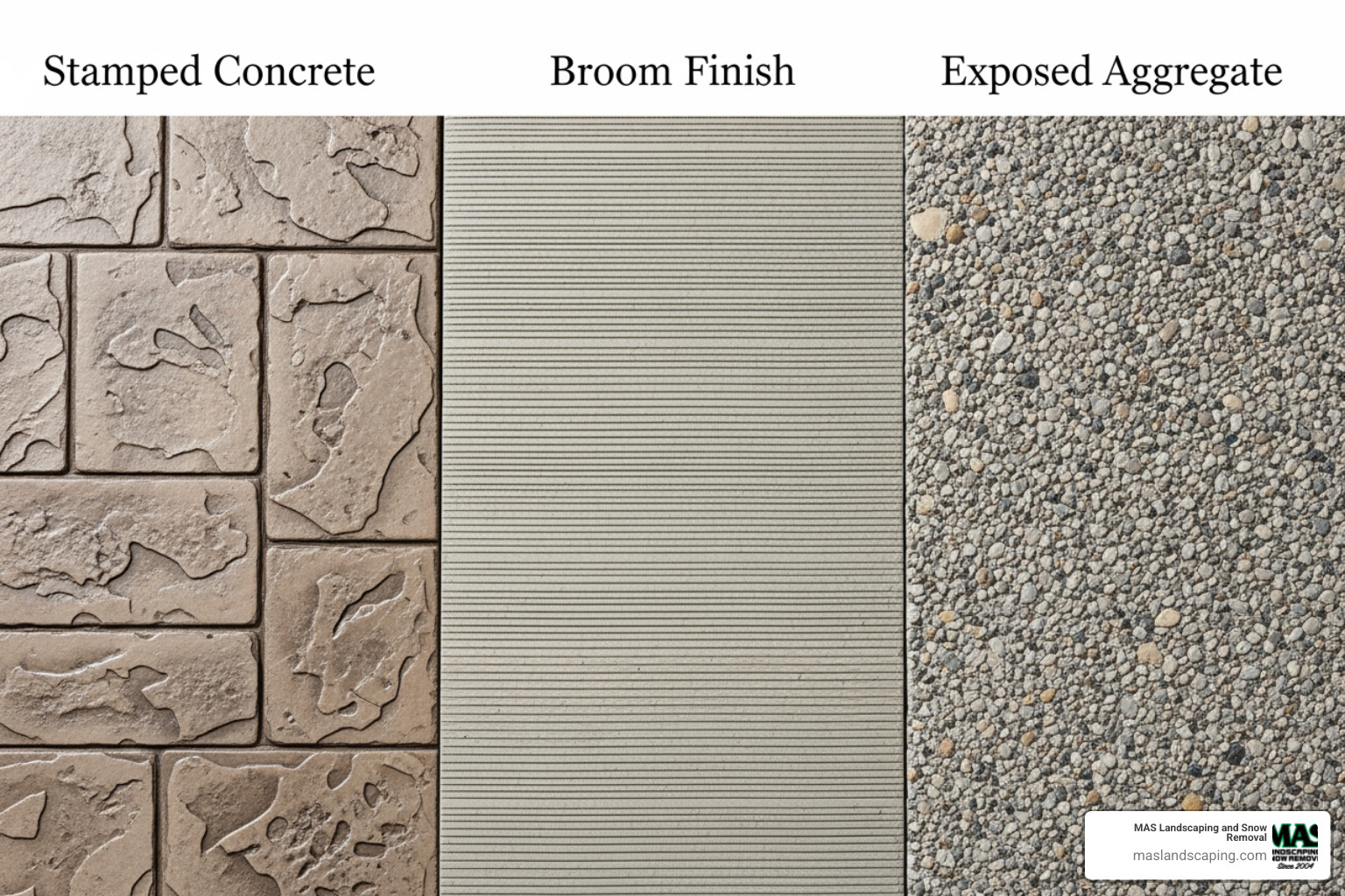 various concrete finishes side-by-side (stamped, broom, exposed aggregate) - concrete walkways contractors