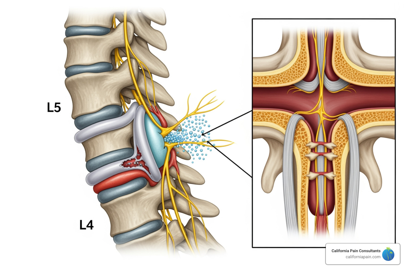 illustrating common spinal conditions like a herniated disc and spinal stenosis - non-surgical spine pain relief