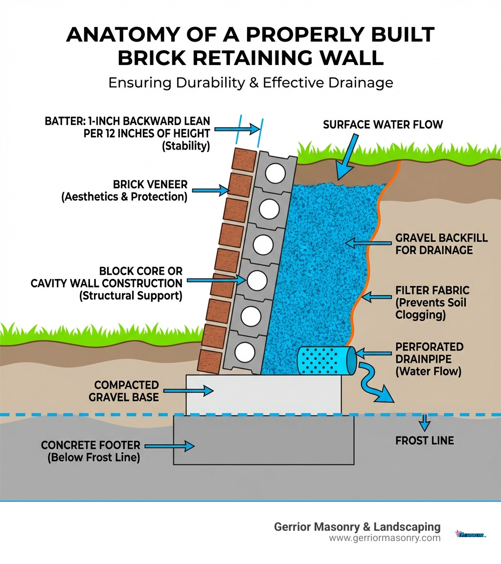 Infographic showing the anatomy of a properly built brick retaining wall, including footer below frost line, gravel base, block core or cavity wall construction, brick veneer, gravel backfill for drainage, perforated drainpipe, filter fabric, and slight backward lean (batter) of 1 inch per 12 inches of height - brick retaining wall ideas infographic Infographic showing the anatomy of a properly built brick retaining wall, including footer below frost line, gravel base, block core or cavity wall construction, brick veneer, gravel backfill for drainage, perforated drainpipe, filter fabric, and slight backward lean (batter) of 1 inch per 12 inches of height - brick retaining wall ideas infographic