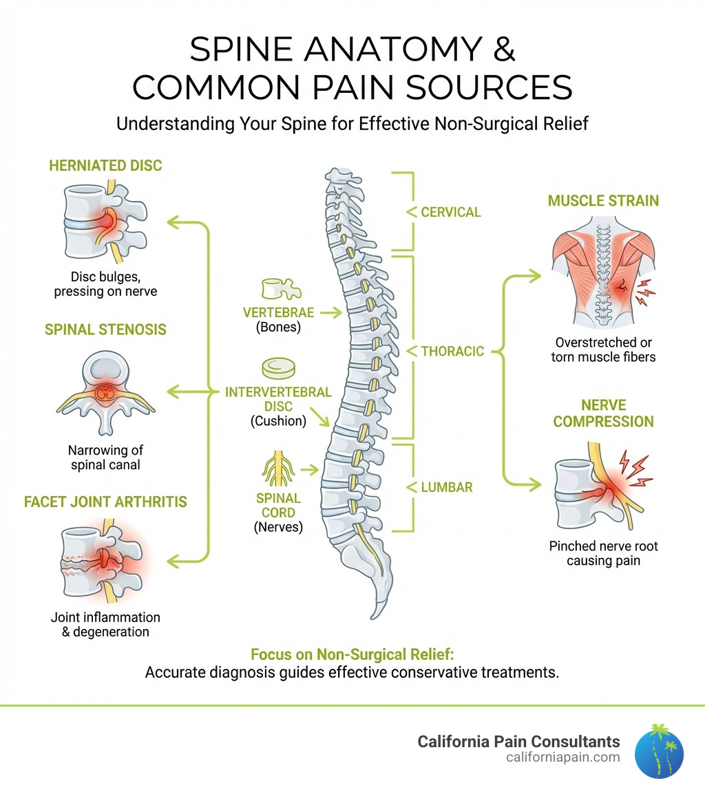infographic showing spine anatomy with vertebrae, discs, spinal cord, and common pain sources including herniated disc, spinal stenosis, facet joint arthritis, muscle strain, and nerve compression with labels and simple illustrations - non-surgical spine pain relief infographic 