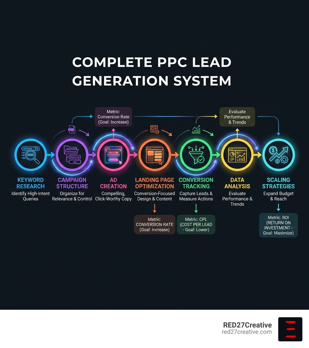 Infographic showing the complete PPC lead generation system from keyword research through campaign structure, ad creation, landing page optimization, conversion tracking, data analysis, and scaling strategies with key metrics including CPL, conversion rate, and ROI measurement - PPC & Paid Lead Generation infographic Infographic showing the complete PPC lead generation system from keyword research through campaign structure, ad creation, landing page optimization, conversion tracking, data analysis, and scaling strategies with key metrics including CPL, conversion rate, and ROI measurement - PPC & Paid Lead Generation infographic