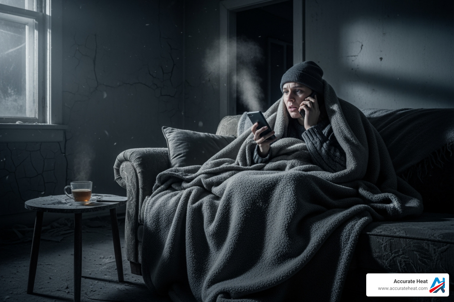 person on phone in cold house at night - heating system repair near me