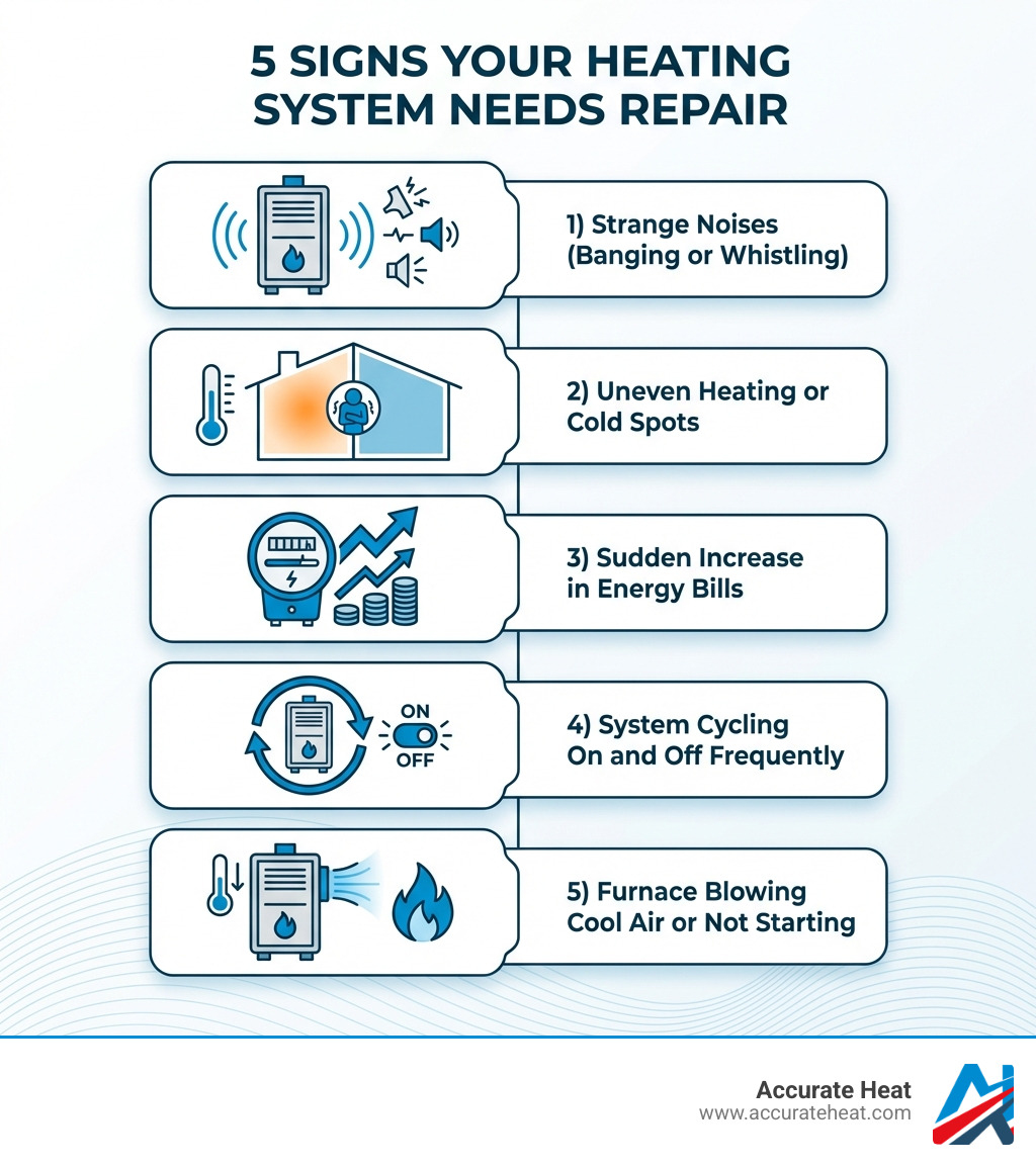 Infographic showing the 5 most common signs your heating system needs repair: 1) Strange noises like banging or whistling, 2) Uneven heating or cold spots in your home, 3) Sudden increase in energy bills, 4) System cycling on and off frequently, 5) Furnace blowing cool air or not starting - heating system repair near me infographic 