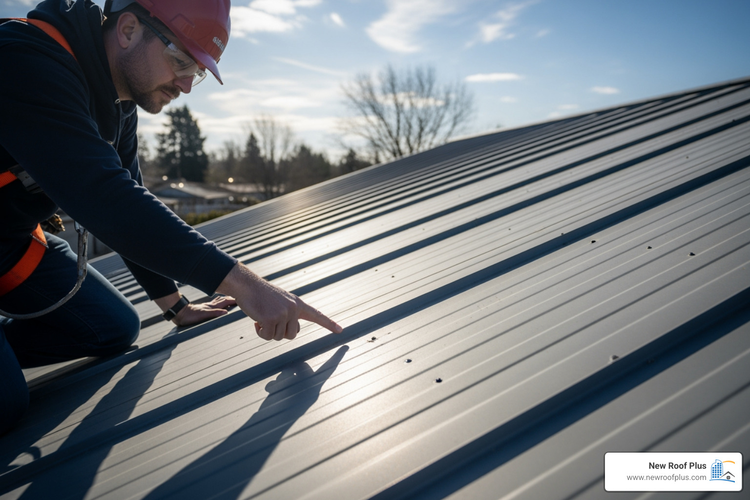 of a roofing inspector pointing to small dents on a standing seam metal roof - hail damage on a metal roof of a roofing inspector pointing to small dents on a standing seam metal roof - hail damage on a metal roof